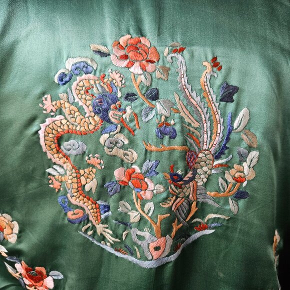 Vintage Chinese Embroidered Silk Robe Green - Picture 9 of 12